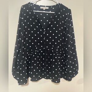 Loft Classic Black & White Polka Dot Blouse size L